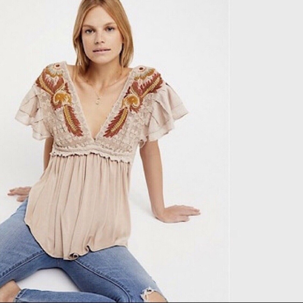 Like New Free people Fiesta Nueva Sand Embroidered Tunic Top Size S